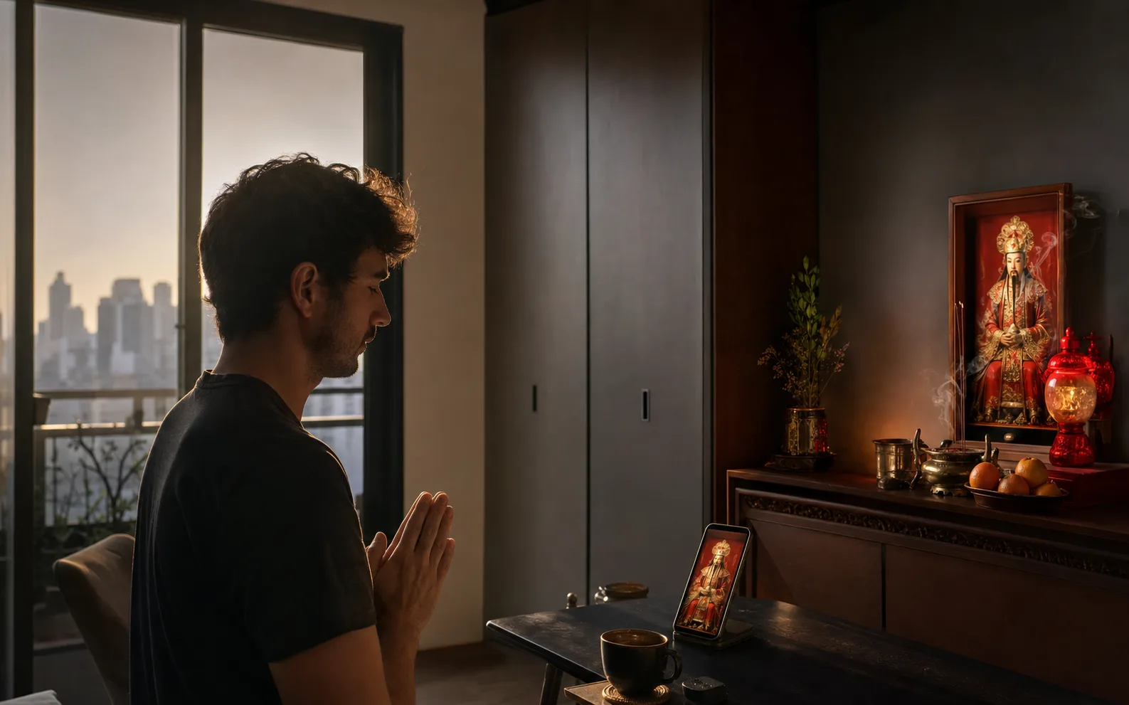 A man beginning his day with a quiet visit to his guardian at home