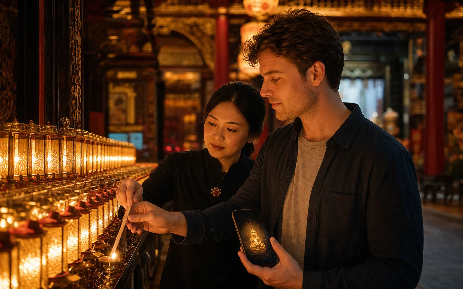 An international visitor taking part in a blessing-light ceremony at a Taiwanese temple
